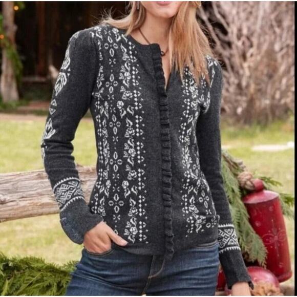Sundance Anya Nordic Fair Isle Ruffled Wool Cardigan Sweater Jacket in Gray S - Picture 1 of 6